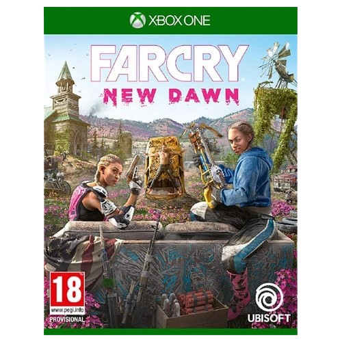 Far Cry New Dawn Xbox One game case showing post-apocalyptic Hope County with colourful ruins and armed survivors