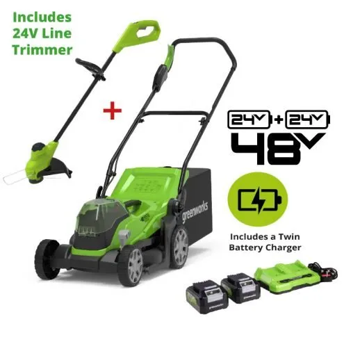 Greenworks 48V (2 x 24V) 36cm Lawn Mower & 24V 25cm Trimmer with Two 4Ah Batteries & Twin Charger