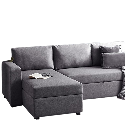 Angel Sofa Bed in soft fabric with plush cushions and wooden legs, positioned in a modern living room, showing its pull-out bed function