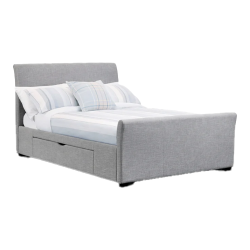 Capri fabric bed – light grey linen style with curved design and two storage drawers