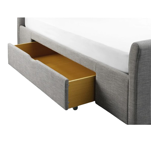 Capri fabric bed – light grey linen style with curved design and two storage drawers