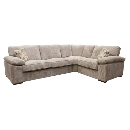 Buoyant Dexter Corner Sofa in modular design with deep padded arms, seat, and back cushions, styled with two scatter cushions.