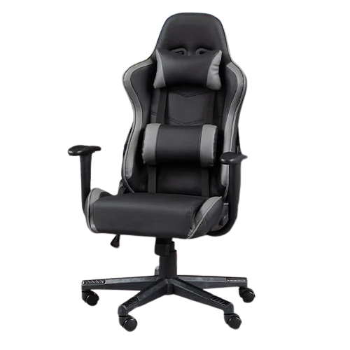 Ergonomic gaming chair with high backrest, adjustable armrests, and lumbar support, positioned in a gaming setup.
