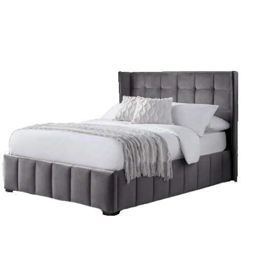 Gatsby bed frame with winged headboard in light grey velvet – luxurious bedroom centerpiece