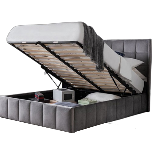 Gatsby bed frame with winged headboard in light grey velvet – luxurious bedroom centerpiece