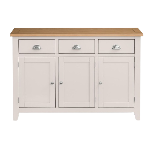 Richmond sideboard – Elephant Grey painted finish with pale oak top and brushed steel handles