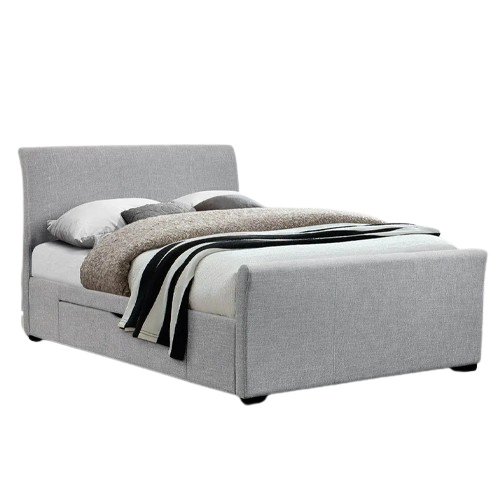 Capri fabric bed – light grey linen style with curved design and two storage drawers