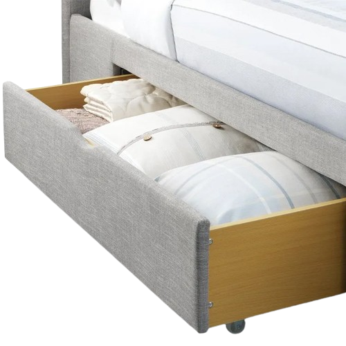 Capri fabric bed – light grey linen style with curved design and two storage drawers