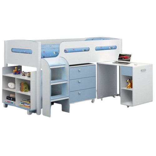 Kimbo cabin bed – blue finish with pull-out desk, 3-drawer chest, and shelving unit, UK single mattress size