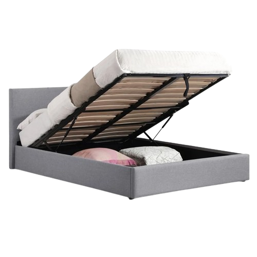 Rialto Lift-up Storage Bed in light grey linen with gas-powered ottoman and spacious under-bed storage