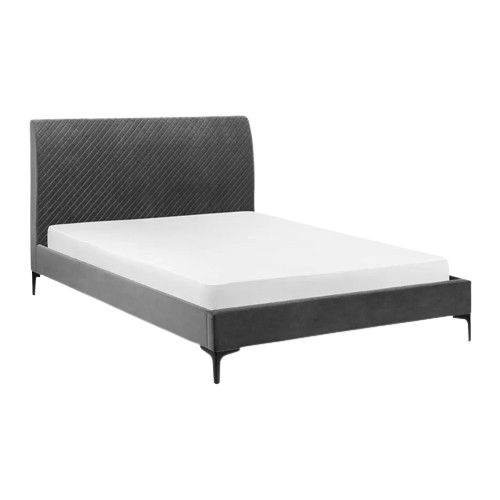 Sanderson Bed in grey velvet with tall diamond-stitched headboard, available in double, king, and super king sizes