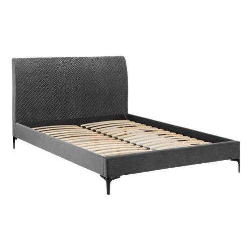 Sanderson Bed in grey velvet with tall diamond-stitched headboard, available in double, king, and super king sizes