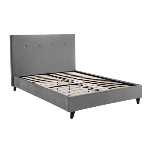 Julian Bowen Shoreditch Double Bed in grey velvet with tall buttoned headboard, gas-lift storage, and sprung slatted base