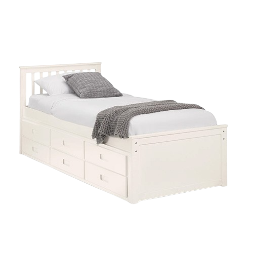 Maisie bed with slatted headboard, pull-out underbed, and storage drawers in white lacquer finish
