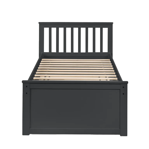 Maisie Bed in anthracite lacquer with slatted headboard, pull-out underbed, and storage drawers