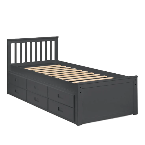 Maisie Bed in anthracite lacquer with slatted headboard, pull-out underbed, and storage drawers