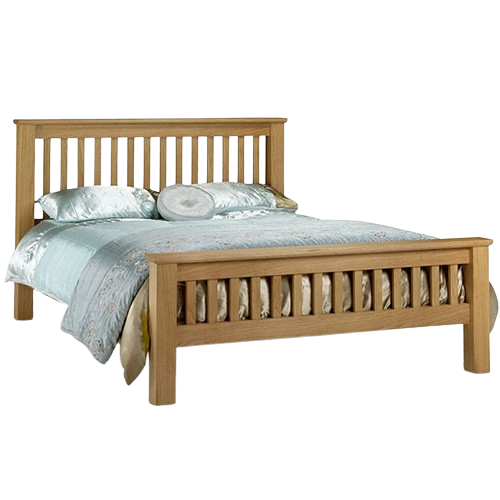 Julian Bowen Amsterdam Oak Bed with high foot end, crafted from solid American white oak and oak veneers.