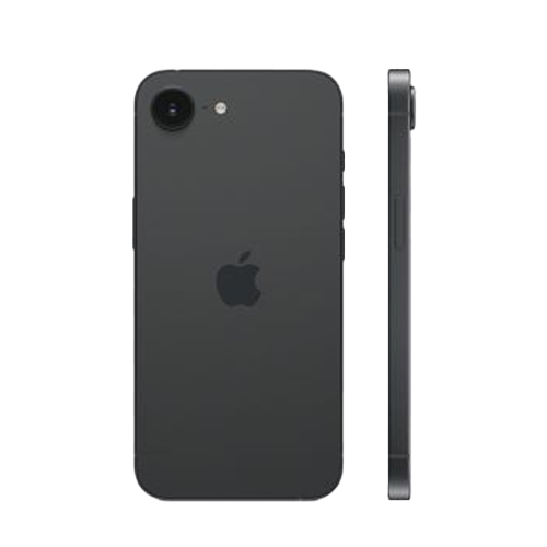 Apple iPhone 16e in black featuring A18 chip, 6.1-inch OLED display, dual camera system, and Apple Intelligence.