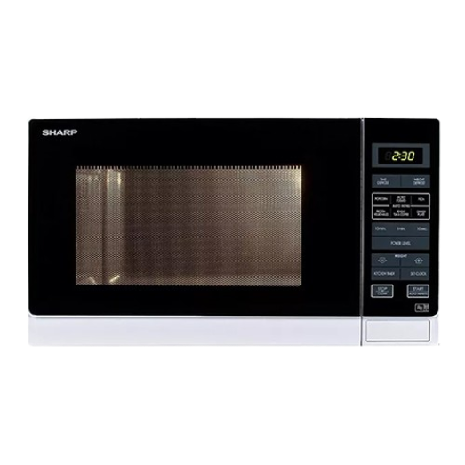 Sharp silver solo microwave with touch controls, 25L capacity, 900W power, and LED display