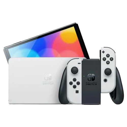 Nintendo Switch OLED model in white with detachable Joy-Con controllers and vibrant display