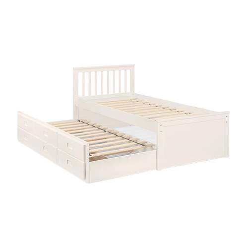 Maisie bed with slatted headboard, pull-out underbed, and storage drawers in white lacquer finish