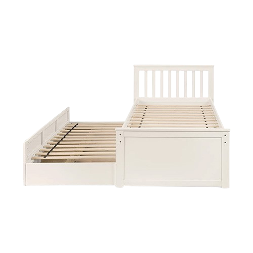 Maisie bed with slatted headboard, pull-out underbed, and storage drawers in white lacquer finish