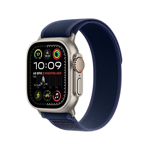 Apple Watch Ultra 2 in titanium with bright display, rugged design, and advanced sports and health features.