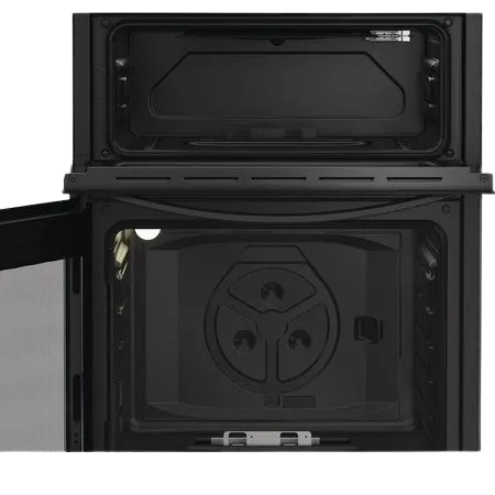 Close-up of the Indesit 60cm freestanding cooker with oven door open, showing interior and oven racks.
