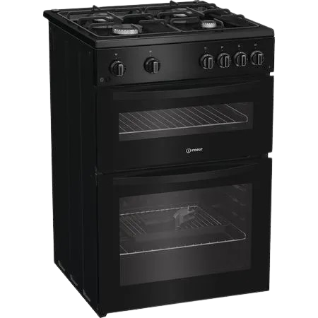 Angled view of the Indesit 60cm freestanding cooker in black, showing ovens and 4-burner gas hob.