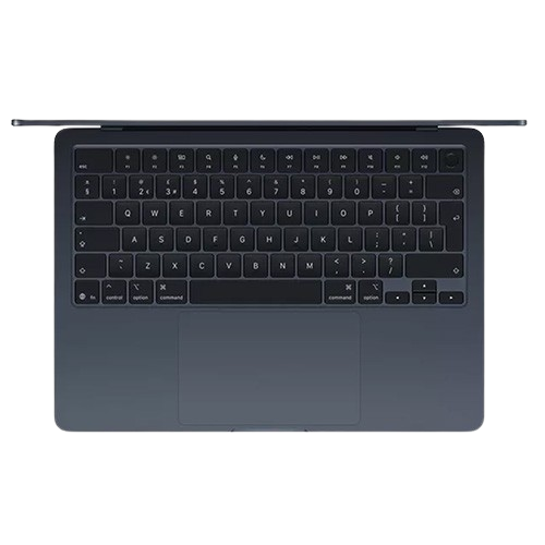 Bird’s-eye view of the Apple MacBook Air with M4 chip open, showing 13-inch Liquid Retina display and keyboard layout.