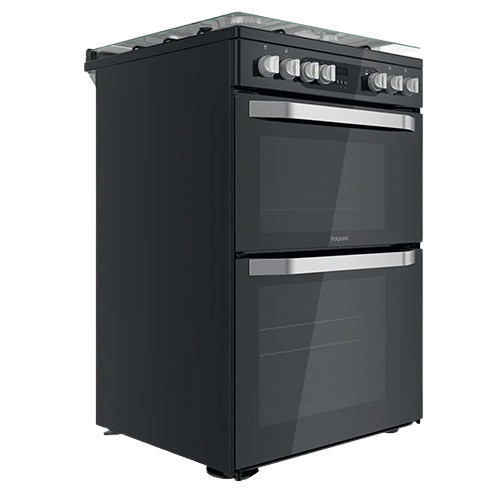 Hotpoint HDM67G9C2CB 60cm Dual Fuel Cooker in black with oven door angled to the right