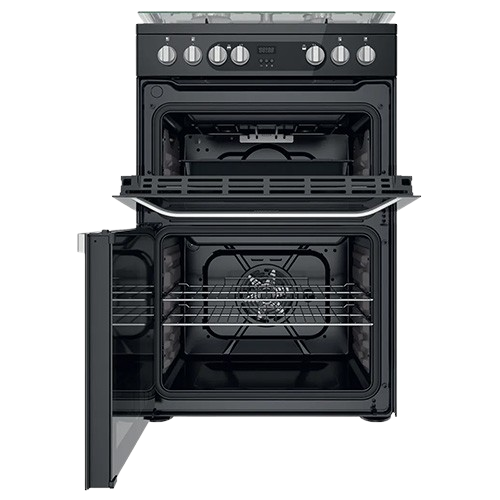 Hotpoint HDM67G9C2CB 60cm Dual Fuel Cooker in black with oven door closed