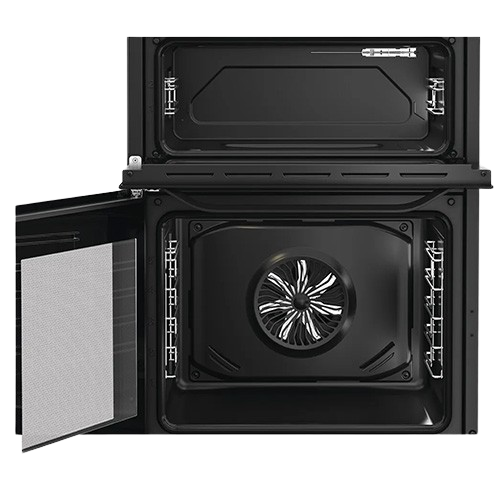Hotpoint 60cm freestanding cooker in black with oven door open, showing spacious interior and ceramic hob