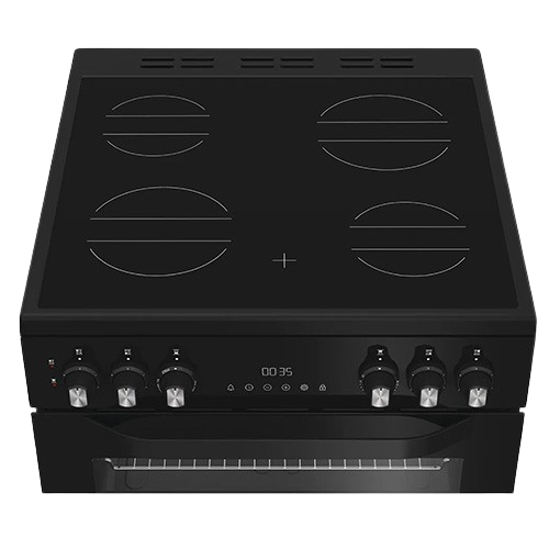 Ceramic hob of Hotpoint 60cm freestanding cooker in black, front view.