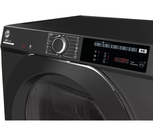 Hoover H-Dry 500 NDE WiFi Heat Pump Tumble Dryer, 10 kg, front-loading, white finish, with large porthole door and digital control panel.