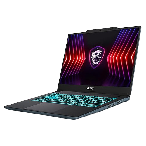 MSI Cyborg 14 gaming laptop in translucent black, shown at a slight angle with slim 14-inch display and illuminated keyboard.