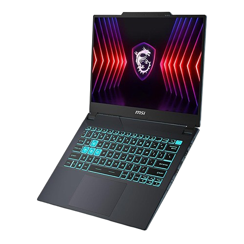 MSI Cyborg 14 gaming laptop in translucent black, fully opened to its maximum angle, showing the screen, keyboard, and slim profile.
