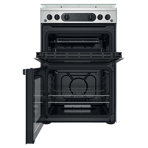 Hotpoint HDM67G0CCX 60cm stainless steel gas cooker with oven door open, showing spacious dual oven interior.