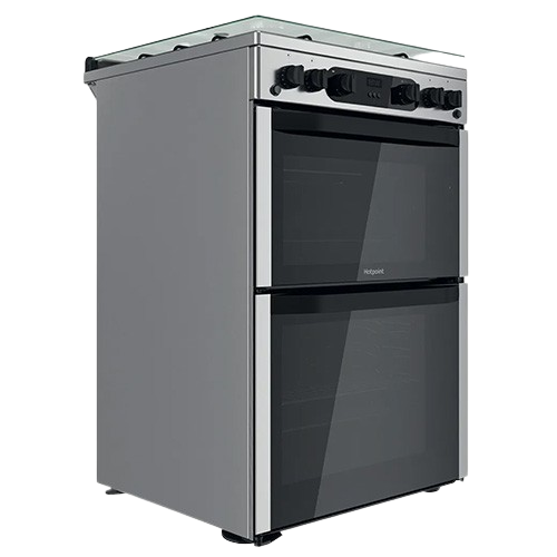 Hotpoint HDM67G0CCX 60cm stainless steel gas cooker with oven door open at a slight angle, showing dual oven compartments and spacious interior.