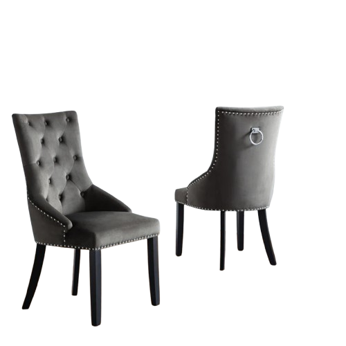 Veneto Knocker Back Chair in grey velvet with deep buttoning, silver stud trim, and chrome ring detail.