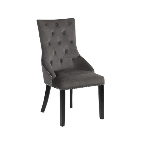 Single Veneto Knocker Back Chair in grey velvet with deep buttoning, silver stud trim, and chrome ring detail.
