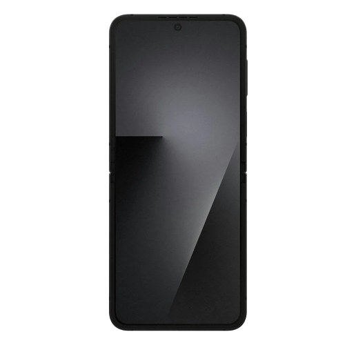 Samsung Galaxy Z Flip 7 smartphone in sleek black, folded at a 90-degree angle, showcasing its compact and modern design