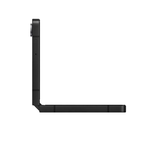 Samsung Galaxy Z Flip 7 smartphone in sleek black, folded at a 90-degree angle, showcasing its compact and modern design
