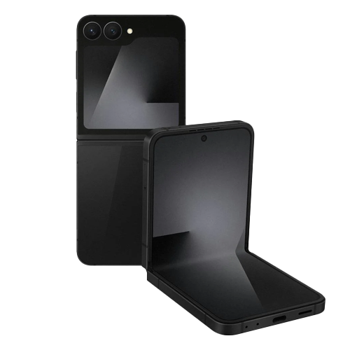 Samsung Galaxy Z Flip 7 smartphone in sleek black, folded at a 90-degree angle, showcasing its compact and modern design