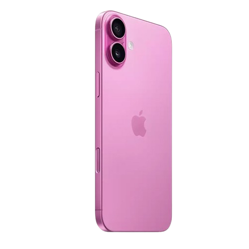 Angled back view of the iPhone 16 Plus showcasing the sleek aluminium finish and advanced 48MP Fusion camera system.