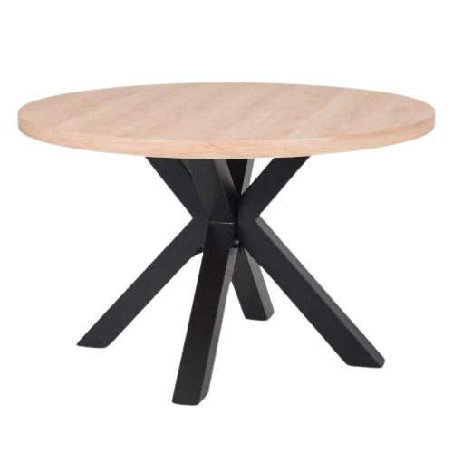 Berwick 1.2m round dining table with oak top and black industrial metal legs by Julian Bowen.