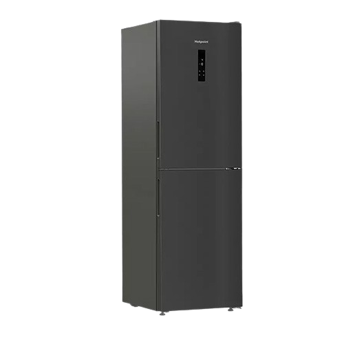 Hotpoint freestanding 50/50 fridge freezer in dark inox shown at a slight angle with touch control display.