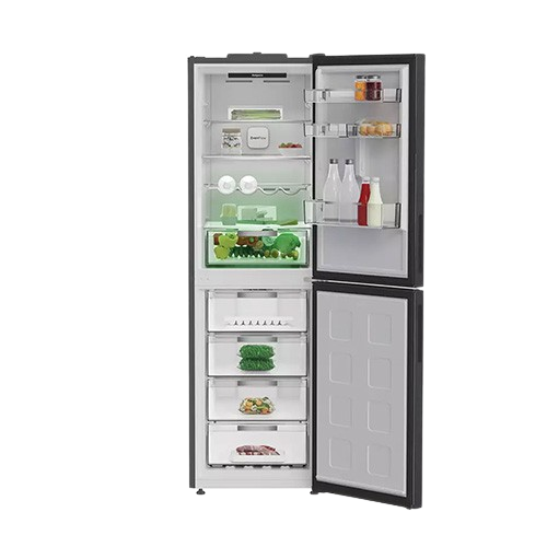 Hotpoint freestanding 50/50 fridge freezer in dark inox with both doors open, showing spacious interior and glass shelves.