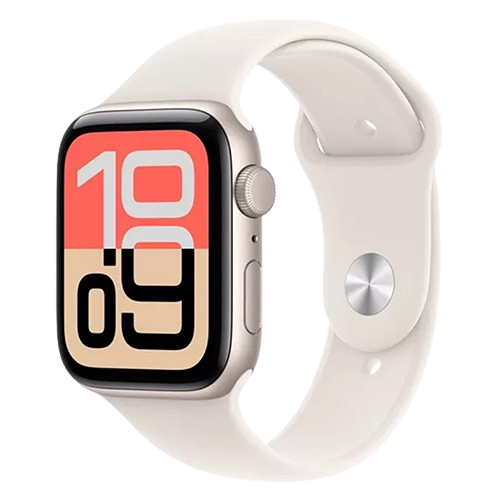 Apple Watch SE 3 (GPS) in aluminium finish shown at an angle, displaying health metrics on the Always-On Retina display.