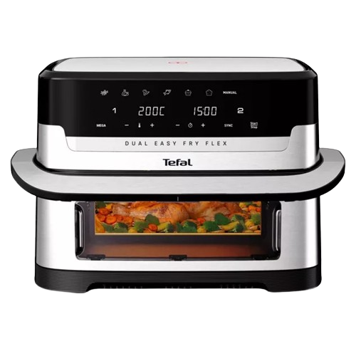 Tefal Easy Fry Dual Flex air fryer in stainless steel and black with dual baskets and digital display.